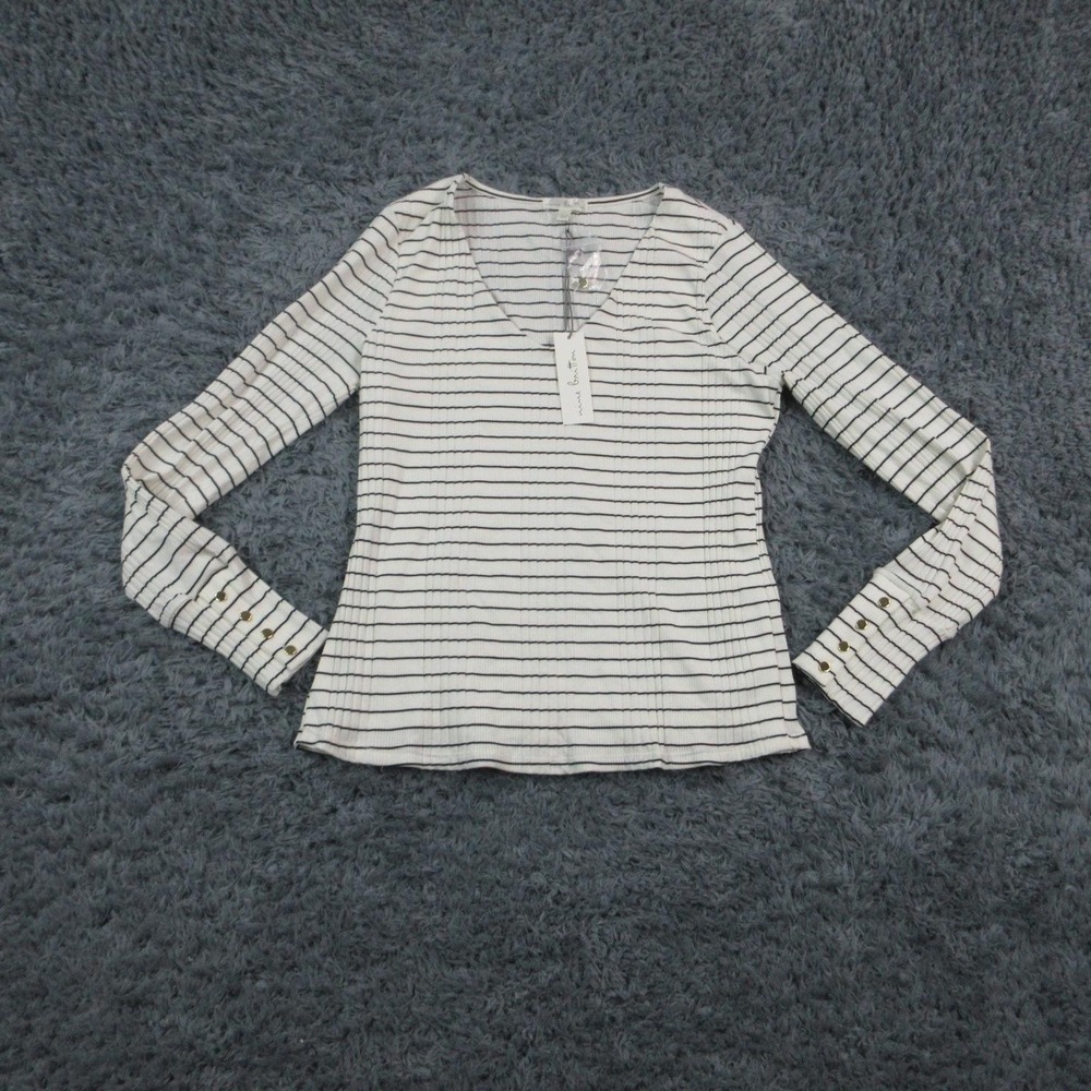 Nine Britton Shirt Womens L White V-Neck Ribbed Striped Long Sleeve NWT